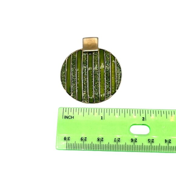 Vintage Green & Gold Enamel Round Pendant Ornament 1.5 inch Striped Design - Picture 2 of 8